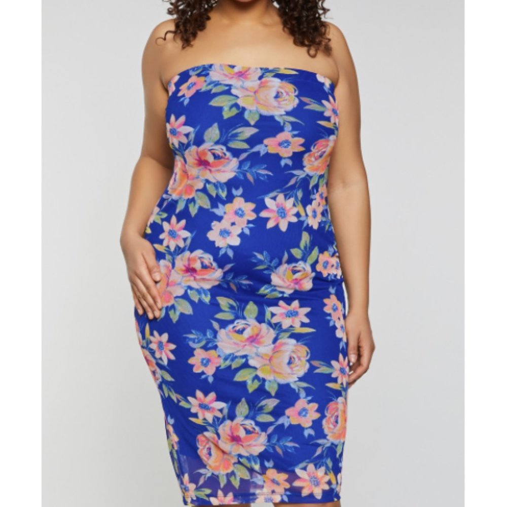 Royal Blue Floral Mesh Tube Dress